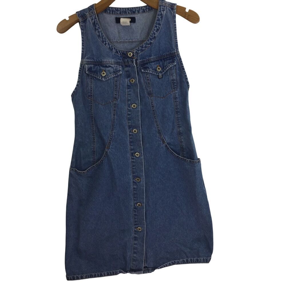 Jordache Sleeveless Button Up Pockets Round Neck Denim Dress Blue Size 13/14